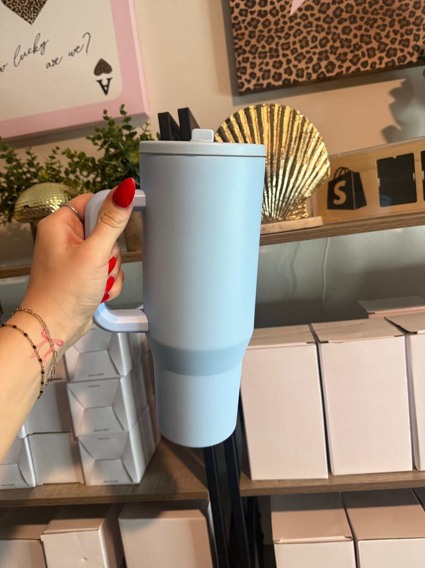 light blue 40oz stainless steel flip straw cup