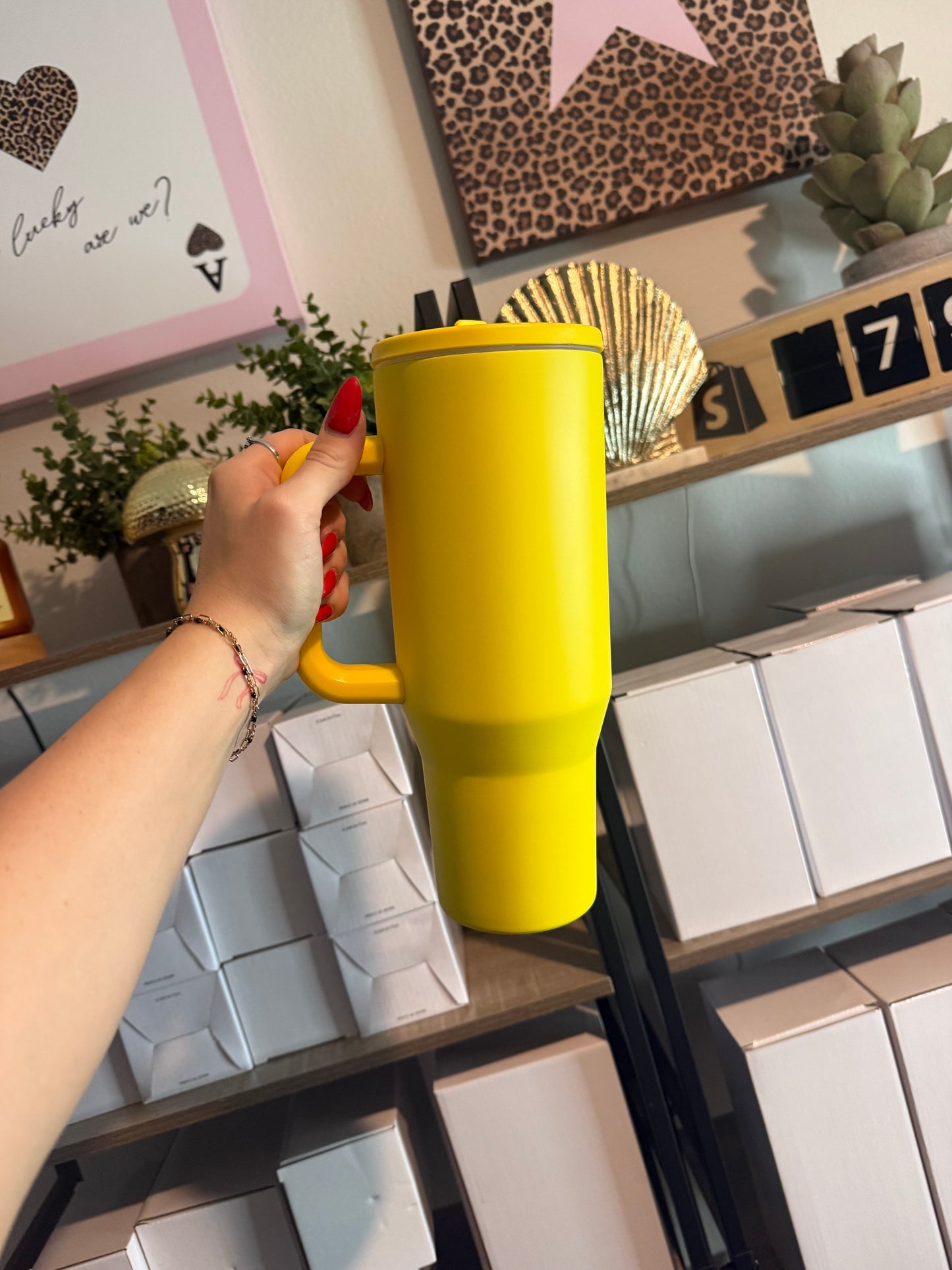 yellow 40oz stainless steel flip straw cup